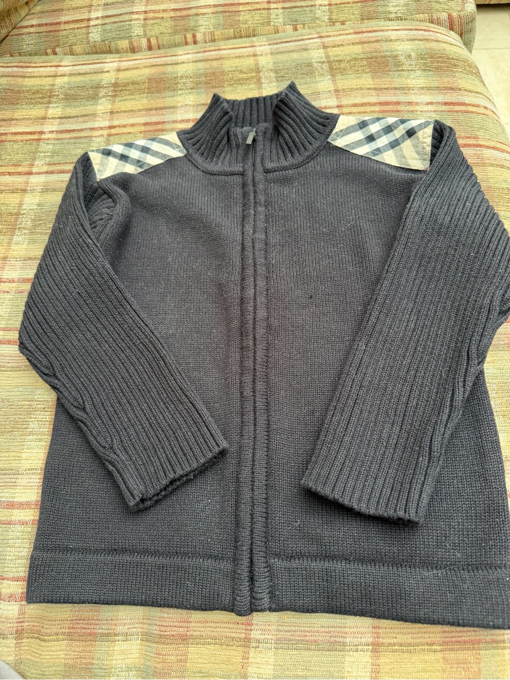 Burberry Gray Knit Zip-Up Sweater with Signature Check Shoulders size 5